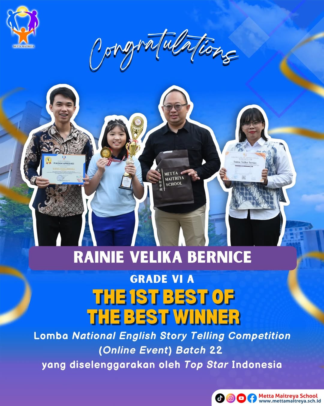 Penyerahan hadiah oleh Kepala Sekolah kepada Murid yang telah meraih The 1st Best of The Best Winner Lomba National English Story Telling Competition (Online Event) Batch 22